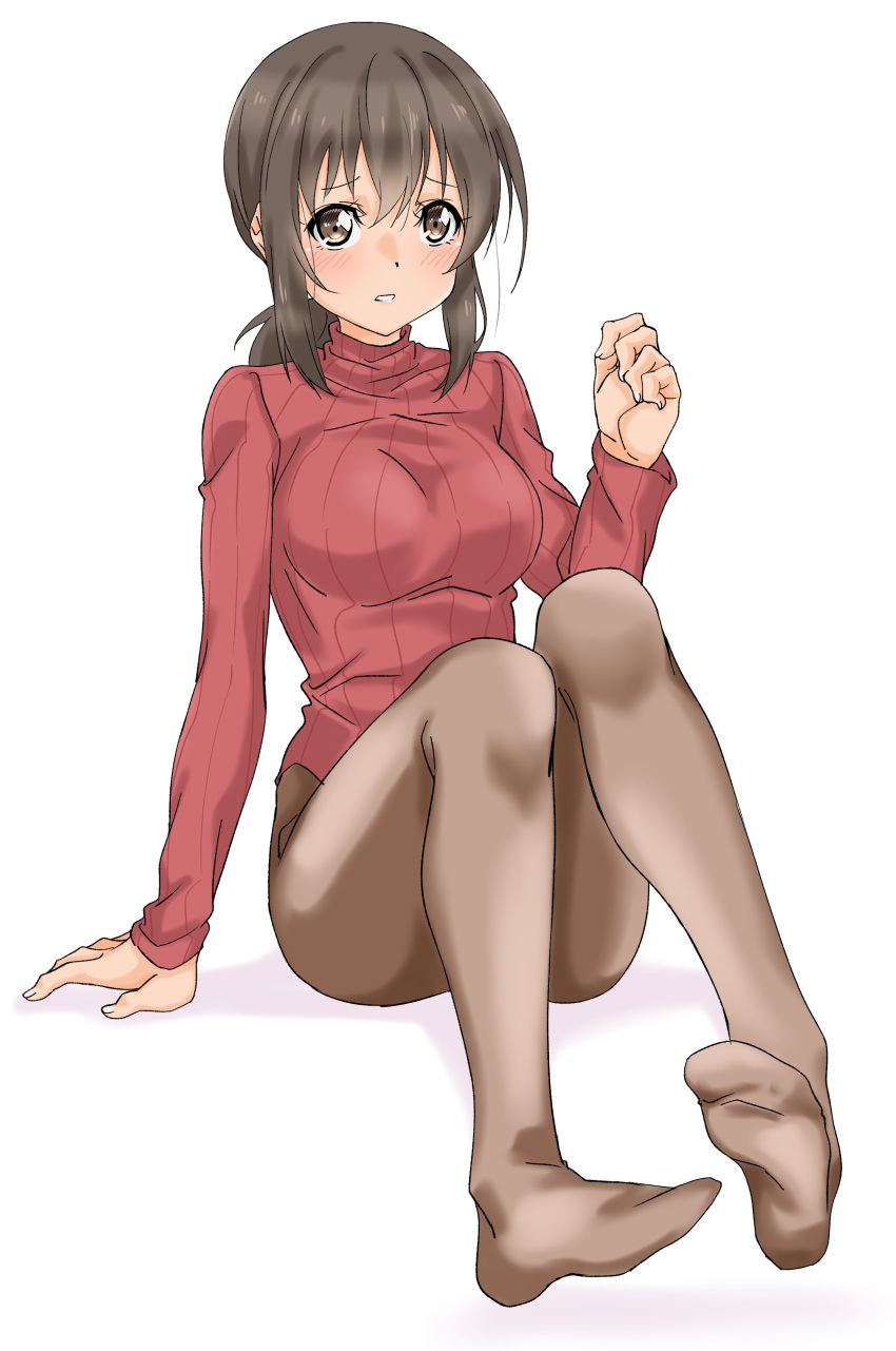 1girl absurdres alternate_breast_size alternate_costume black_eyes black_hair blush breasts brown_legwear fubuki_(kantai_collection) full_body highres kantai_collection large_breasts long_sleeves looking_at_viewer low_ponytail maonatten no_shoes pantyhose red_sweater ribbed_sweater short_ponytail simple_background sitting solo sweater turtleneck turtleneck_sweater white_background