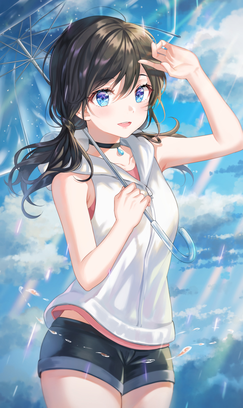 1girl absurdres amano_hina_(tenki_no_ko) arm_up bare_arms bare_shoulders black_hair black_shorts blue_eyes blue_sky choker clouds cloudy_sky cowboy_shot day highres holding holding_umbrella hood hood_down hoodie huge_filesize long_hair looking_at_viewer open_mouth pink_shirt shirt short_shorts shorts sky sleeveless sleeveless_hoodie sleeveless_shirt smile solo standing sunlight tenki_no_ko tokkyu transparent transparent_umbrella umbrella white_hoodie