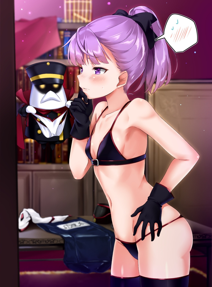 1girl absurdres automaton_(object) bangs bare_shoulders bikini blush bow breasts colonel_olcott_(fate/grand_order) fate/grand_order fate_(series) flat_chest garrison_cap gloves hair_bow hat helena_blavatsky_(fate/grand_order) helena_blavatsky_(swimsuit_archer)_(fate) highres micro_bikini navel nishimi_shin ponytail purple_gloves purple_hair solo swimsuit thigh-highs tied_hair violet_eyes