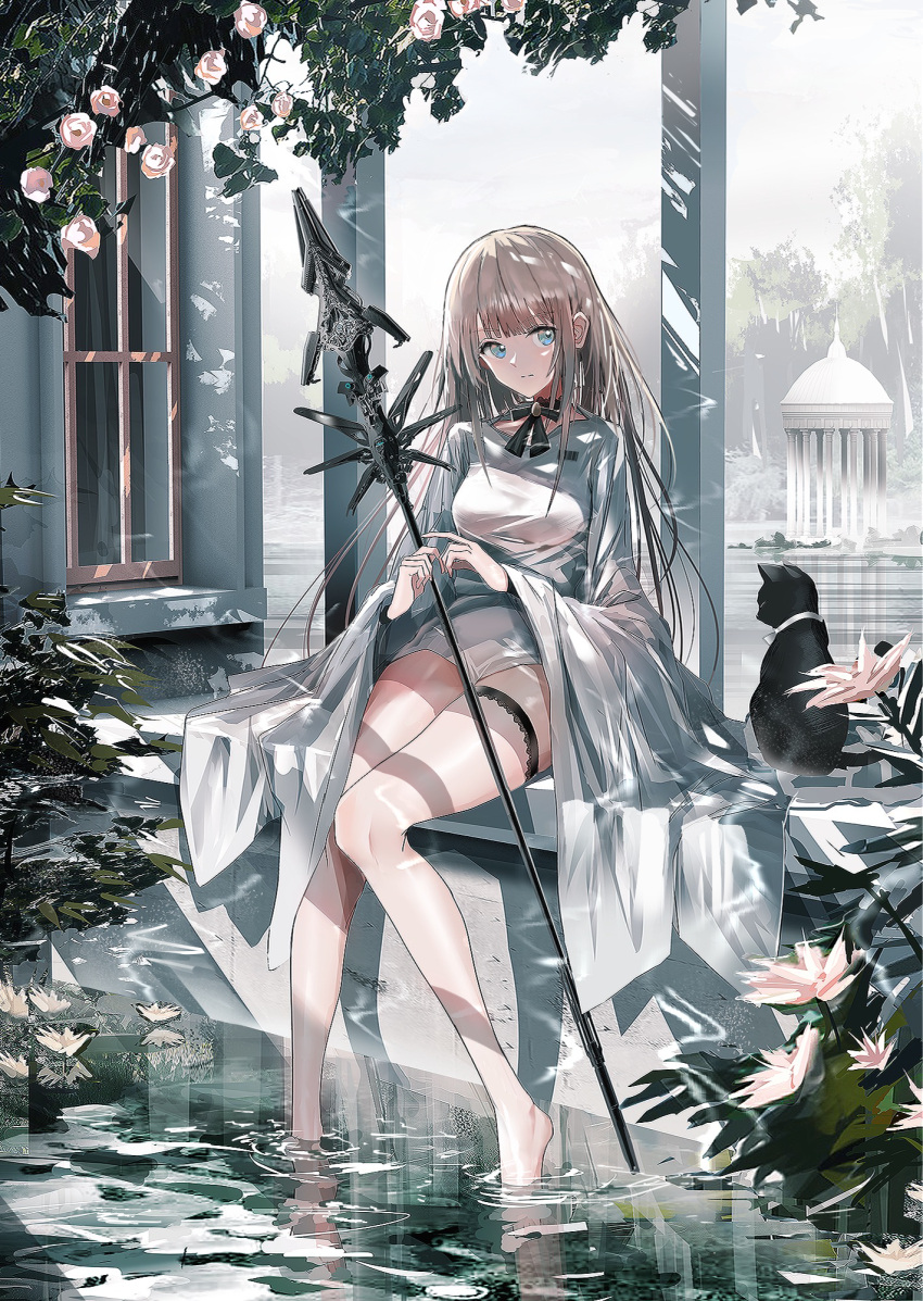 1girl bangs barcode barefoot black_cat blonde_hair blue_eyes blunt_bangs bow breasts building cat day eyebrows_visible_through_hair flower highres leg_garter long_hair looking_to_the_side medium_breasts original outdoors shorts sitting solo staff swav water wide_sleeves