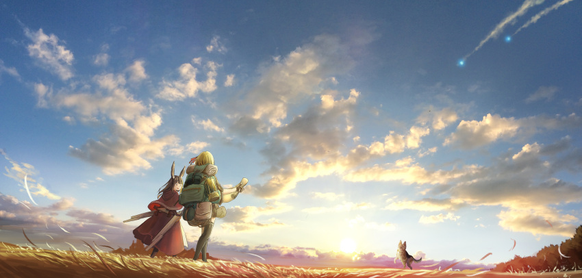 2girls absurdres animal_ears backpack bag black_hair blonde_hair capelet clouds commentary dog german_shepherd highres lantern long_hair multiple_girls original outdoors scenery sky sudzuke sunset thigh-highs