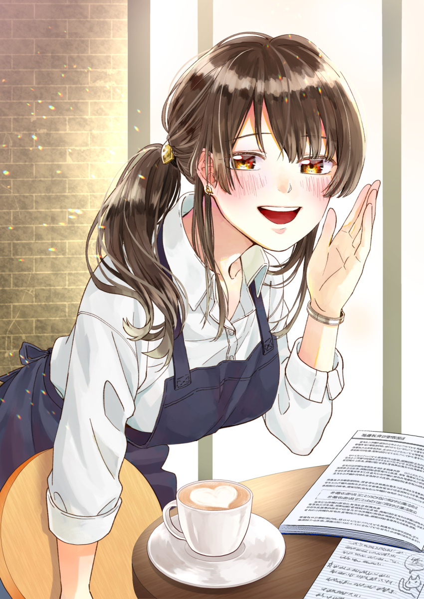 1girl :d apron blush bracelet breasts brown_eyes coffee_mug cup day earrings highres ihigo55daifuku jewelry latte_art leaning_forward long_hair medium_breasts mug open_mouth original paper ponytail smile solo table waitress