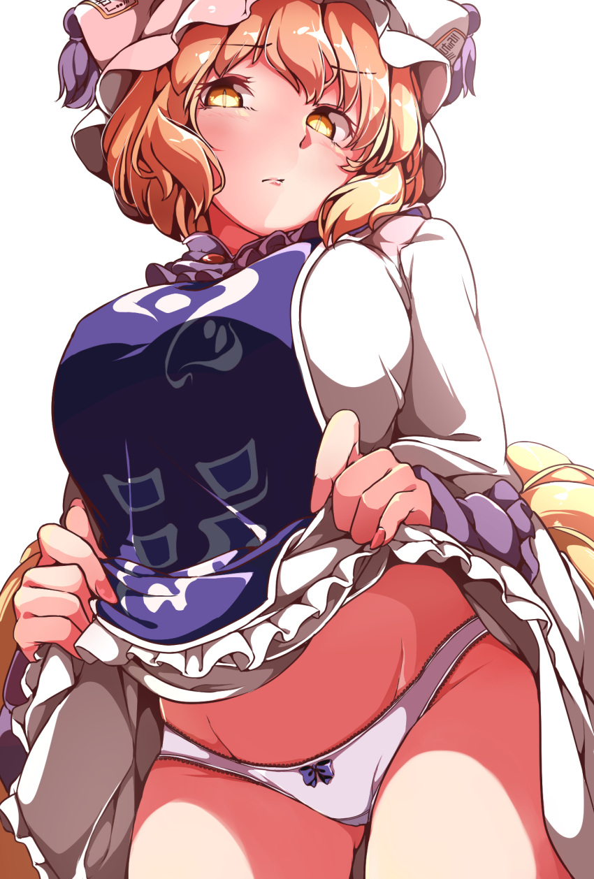 1girl animal_ear_fluff animal_ears ass_visible_through_thighs bangs blonde_hair blue_bow blush bow bow_panties breasts closed_mouth contrapposto cowboy_shot dress dress_lift eyebrows_visible_through_hair fingernails flashing fox_ears fox_tail frills gokuu_(acoloredpencil) groin hat highres large_breasts lifted_by_self long_sleeves looking_at_viewer mob_cap multiple_tails nail_polish panties pantyshot pantyshot_(standing) pillow_hat pink_nails simple_background slit_pupils smile solo standing tabard tail touhou underwear upskirt white_background white_dress white_headwear white_panties wide_sleeves yakumo_ran yellow_eyes