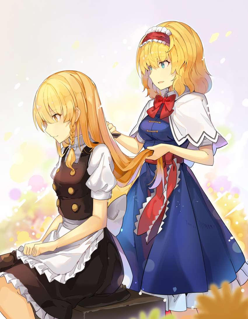 2girls alice_margatroid apron bangs black_skirt black_vest blonde_hair blue_dress blue_eyes bow bowtie braid breasts brushing_another's_hair capelet commentary dress eyebrows_visible_through_hair feet_out_of_frame frilled_apron frilled_hairband frills from_side hair_between_eyes hair_bow hairband highres holding holding_another's_hair kirisame_marisa lolita_hairband long_hair maid_apron medium_breasts miniskirt multiple_girls no_hat no_headwear parted_lips petticoat puffy_short_sleeves puffy_sleeves red_bow red_hairband red_neckwear red_sash rin_falcon sash shirt short_hair short_sleeves single_braid sitting skirt skirt_set small_breasts smile touhou vest waist_apron white_apron white_bow white_capelet white_shirt yellow_eyes