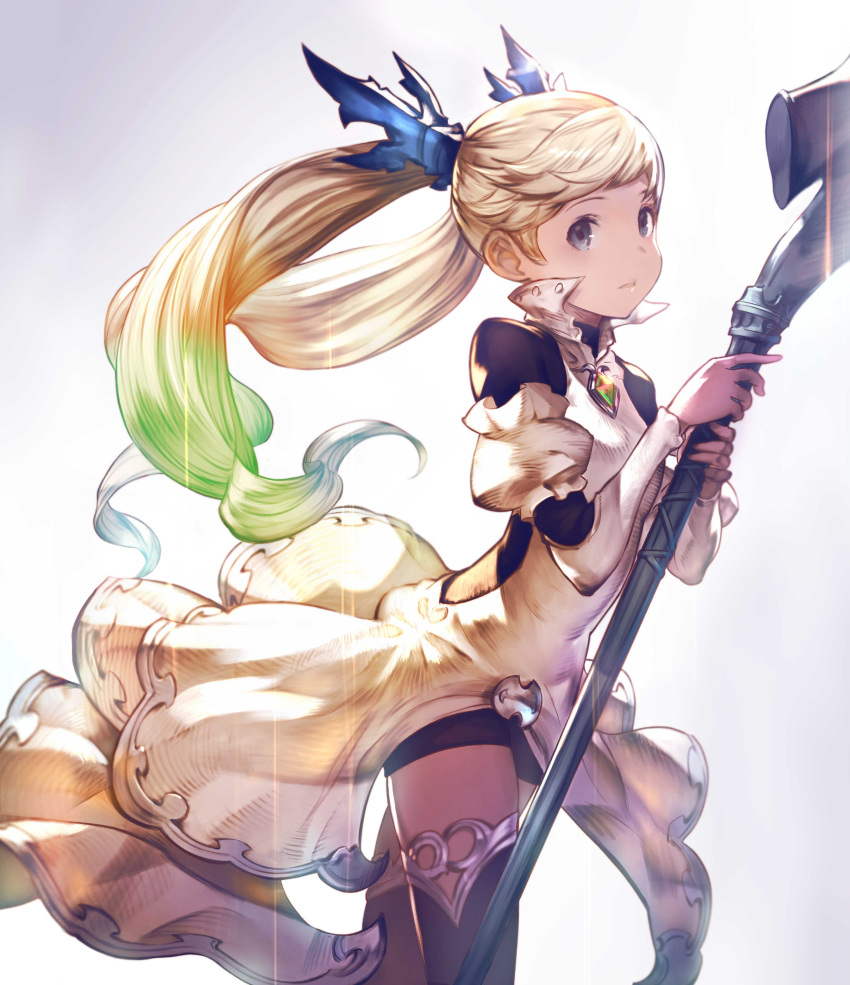 1girl absurdres black_legwear blonde_hair blue_eyes blush dress granblue_fantasy hair_ornament highres holding holding_staff holding_weapon io_euclase juliet_sleeves long_hair long_sleeves looking_at_viewer minaba_hideo novel_illustration official_art parted_lips polearm puffy_sleeves shorts shorts_under_dress simple_background solo staff tan thigh-highs weapon white_dress