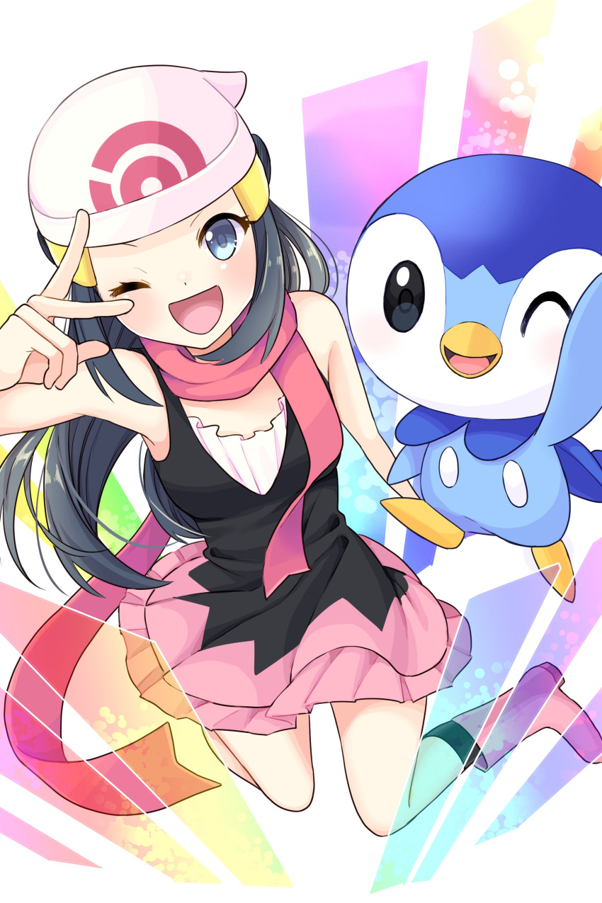 1girl ;d absurdres bare_shoulders beak beanie black_hair blue_eyes blush blush_stickers boots border breasts commentary_request dot_nose eyelashes floating_scarf hair_ornament hairclip happy hat highres hikari_(pokemon) jumping long_hair medium_breasts one_eye_closed open_mouth pink_footwear pink_skirt piplup pokemon pokemon_(creature) pokemon_(game) pokemon_dppt rainbow_gradient red_scarf scarf shirt skirt sleeveless sleeveless_shirt smile stigma1101 tongue v_over_eye white_border white_headwear