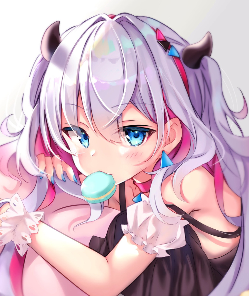 1girl armpit_peek avatar_2.0_project bare_shoulders black_dress blue_eyes blue_nails choker detached_sleeves dress earrings food hair_between_eyes hairband highres horns jewelry long_hair looking_at_viewer macaron mouth_hold multicolored_hair musubime_yui nail_polish nekomugiharu pink_hair short_sleeves sidelocks silver_hair simple_background solo spaghetti_strap strap_slip two-tone_hair two_side_up virtual_youtuber white_background wrist_cuffs