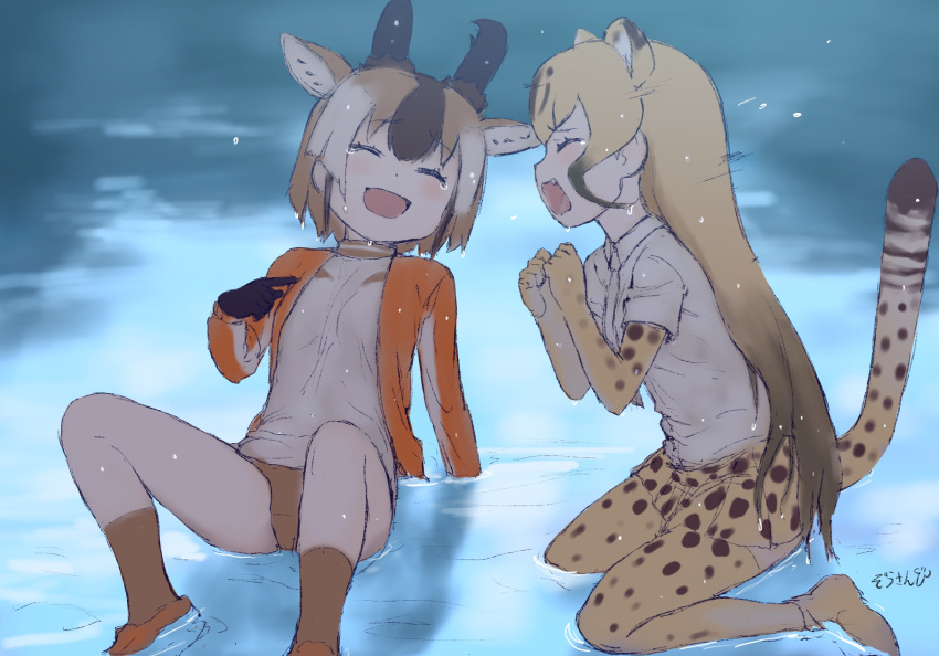 2girls animal_ears animal_print arm_support bare_legs blonde_hair brown_hair buruma cheetah_(kemono_friends) cheetah_ears cheetah_print cheetah_tail closed_eyes commentary_request elbow_gloves extra_ears eyebrows_visible_through_hair fang furrowed_eyebrows gloves hand_up hands_up highres horns jacket kemono_friends kneeling knees_up laughing leaning_back long_hair long_sleeves masuyama_ryou miniskirt multicolored_hair multiple_girls open_clothes open_jacket open_mouth print_gloves print_legwear print_skirt pronghorn_(kemono_friends) shirt shoes short_hair short_sleeves sitting skirt smile socks tail tearing_up thigh-highs two-tone_hair very_long_hair water wet wet_clothes wet_hair wet_shirt white_hair zettai_ryouiki |d
