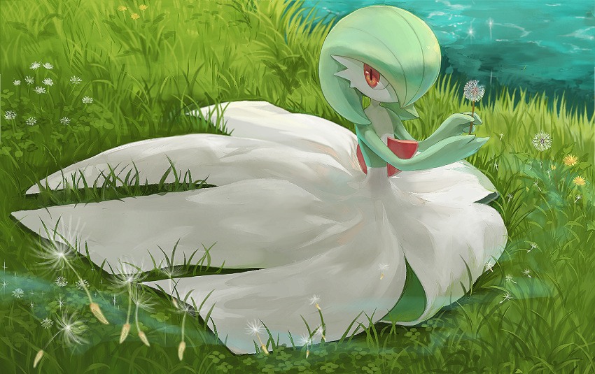 1girl bangs commentary_request dandelion day flat_chest flower full_body gardevoir gen_3_pokemon glint grass green_hair green_skin hair_over_one_eye hands_up holding looking_to_the_side no_humans no_mouth outdoors pokemon pokemon_(creature) red_eyes river short_hair sitting solo tamura_yuki two-tone_skin water white_skin yellow_flower