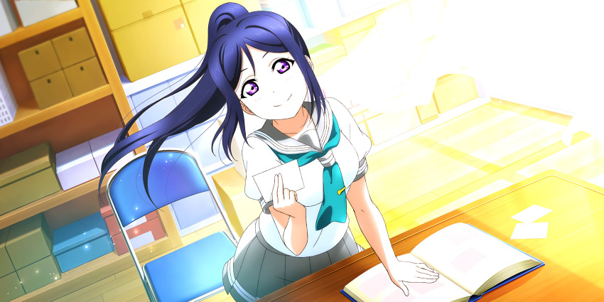 blue_hair blush long_hair love_live!_school_idol_festival_all_stars matsuura_kanan ponytail school_uniform violet_eyes