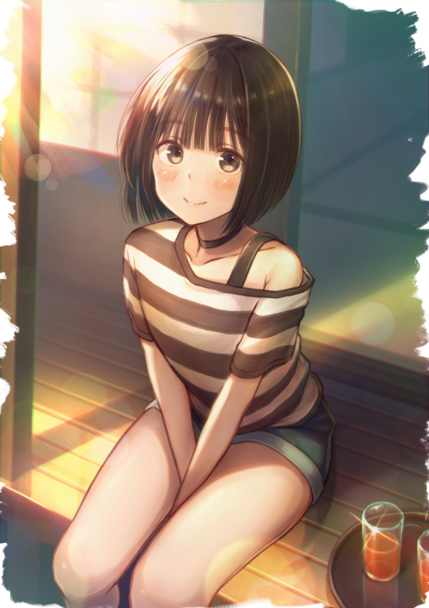 1girl bangs between_legs black_hair blush bob_cut brown_eyes choker cup drinking_glass eyebrows_visible_through_hair hand_between_legs highres off-shoulder_shirt off_shoulder original porch shirt short_shorts shorts sitting smile solo striped striped_shirt sunlight tanbonota46 tray