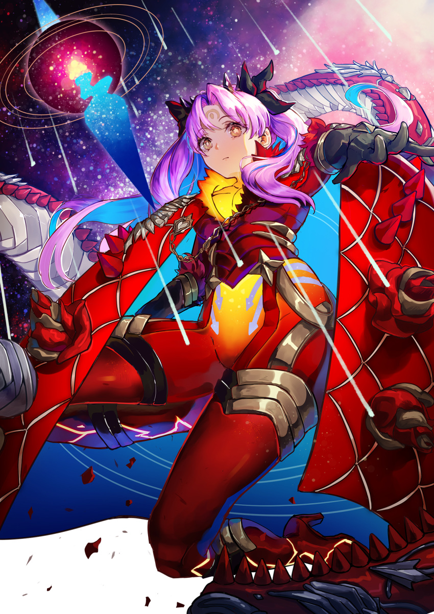 1girl black_gloves blue_hair bodysuit boots dpea9 facial_mark fate/grand_order fate_(series) forehead_mark gloves high_heel_boots high_heels highres horns ishtar_(fate/grand_order) looking_at_viewer multicolored_hair pink_hair red_bodysuit solo space_ishtar_(fate) star star-shaped_pupils symbol-shaped_pupils two-tone_hair two_side_up yellow_eyes