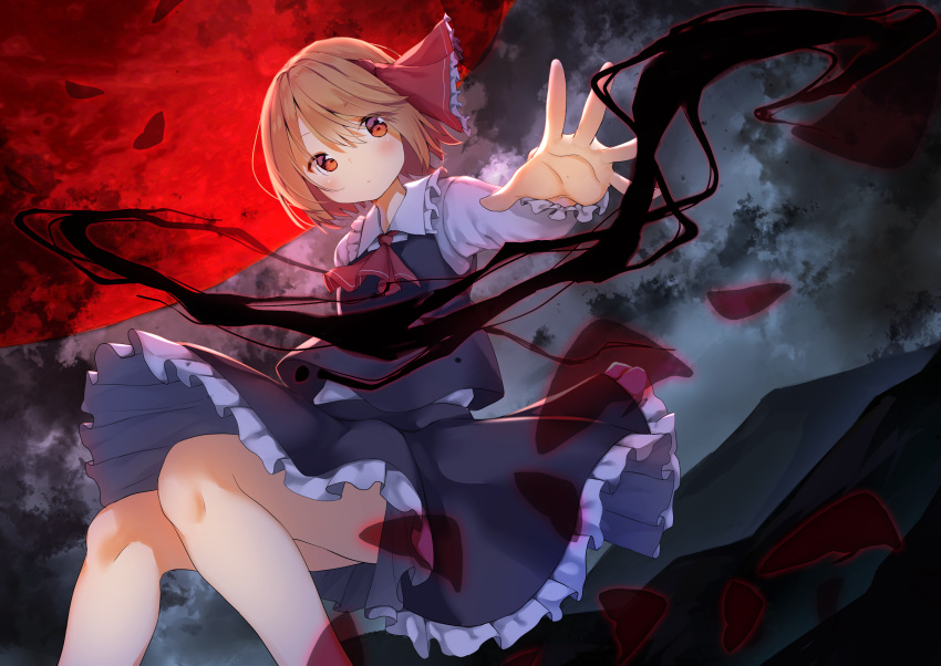 1girl ascot black_skirt black_vest blonde_hair blush commentary_request darkness eyebrows_visible_through_hair frilled_shirt frilled_skirt frills hair_ribbon highres long_sleeves looking_at_viewer mamemochi outstretched_hand petals reaching_out red_eyes red_neckwear red_ribbon ribbon rumia shirt short_hair skirt solo touhou vest white_shirt