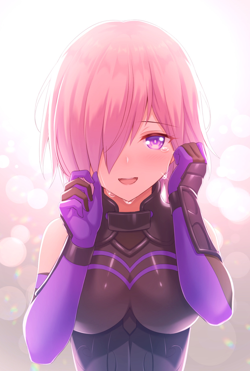 1girl :d armored_leotard bangs bare_shoulders black_leotard blurry blurry_background blush breasts commentary_request crying crying_with_eyes_open depth_of_field elbow_gloves eyebrows_visible_through_hair fate/grand_order fate_(series) gloves hair_over_one_eye highres large_breasts leotard mash_kyrielight open_mouth pink_hair purple_gloves smile solo tears tomo_(user_hes4085) upper_body upper_teeth violet_eyes