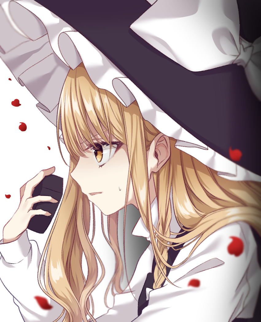 1girl bangs black_headwear black_vest blonde_hair bow commentary_request from_side hand_up hat hat_bow highres holding kirisame_marisa long_hair long_sleeves mini-hakkero parted_lips petals profile rose_petals shiki_(s1k1xxx) shirt simple_background solo sweat touhou upper_body vest white_background white_bow white_shirt witch_hat yellow_eyes