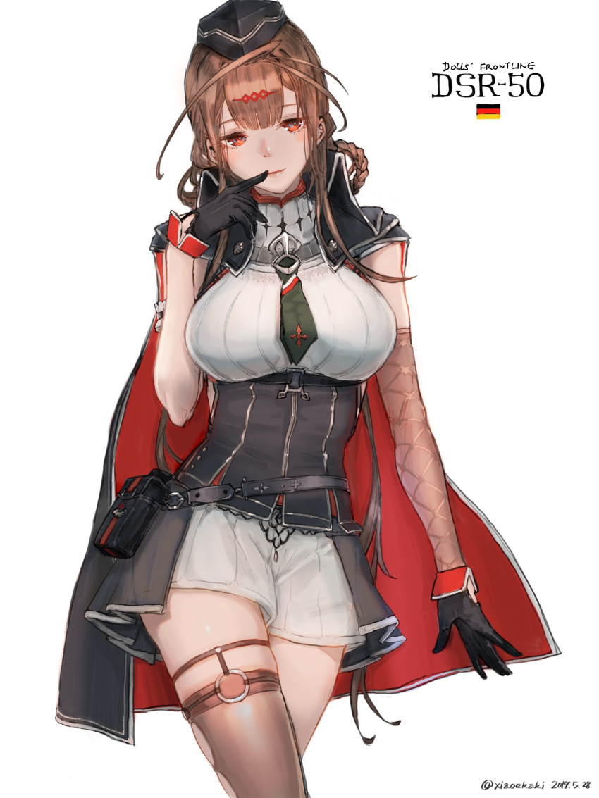 1girl alternate_costume bangs black_gloves black_neckwear blunt_bangs braid breasts brown_eyes brown_hair brown_legwear cape character_name corset dated dsr-50_(girls_frontline) finger_to_mouth french_braid garrison_cap girls_frontline gloves hair_ornament hat highres large_breasts long_hair miniskirt pouch single_thighhigh skirt solo thigh-highs thigh_strap twitter_username very_long_hair white_background white_skirt xia_oekaki