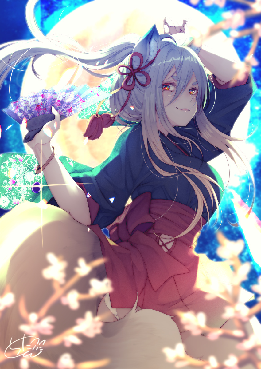 1girl animal_ear_fluff animal_ears arm_up black_kimono blurry blurry_background blurry_foreground breasts chita_(ketchup) commentary_request depth_of_field fan flower folding_fan fox_ears fox_girl fox_tail full_moon grey_hair highres holding holding_fan japanese_clothes kimono long_hair looking_at_viewer looking_back medium_breasts moon original panties parted_lips pink_flower pleated_skirt ponytail red_skirt short_sleeves signature skirt smile solo tail tree_branch underwear white_panties wide_sleeves
