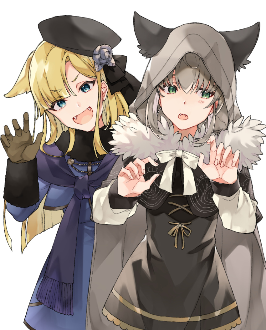 2girls animal_ears bangs black_headwear blonde_hair blue_eyes blush brown_gloves cape cloak commentary_request eyebrows_visible_through_hair fangs fate/grand_order fate_(series) flower fur_trim gloves gray_(lord_el-melloi_ii) green_eyes grey_hair hair_between_eyes hat highres hood hood_up kamo860 long_hair long_sleeves looking_at_viewer lord_el-melloi_ii_case_files multiple_girls reines_el-melloi_archisorte ribbon short_hair silver_hair simple_background smile white_background white_ribbon wolf_ears