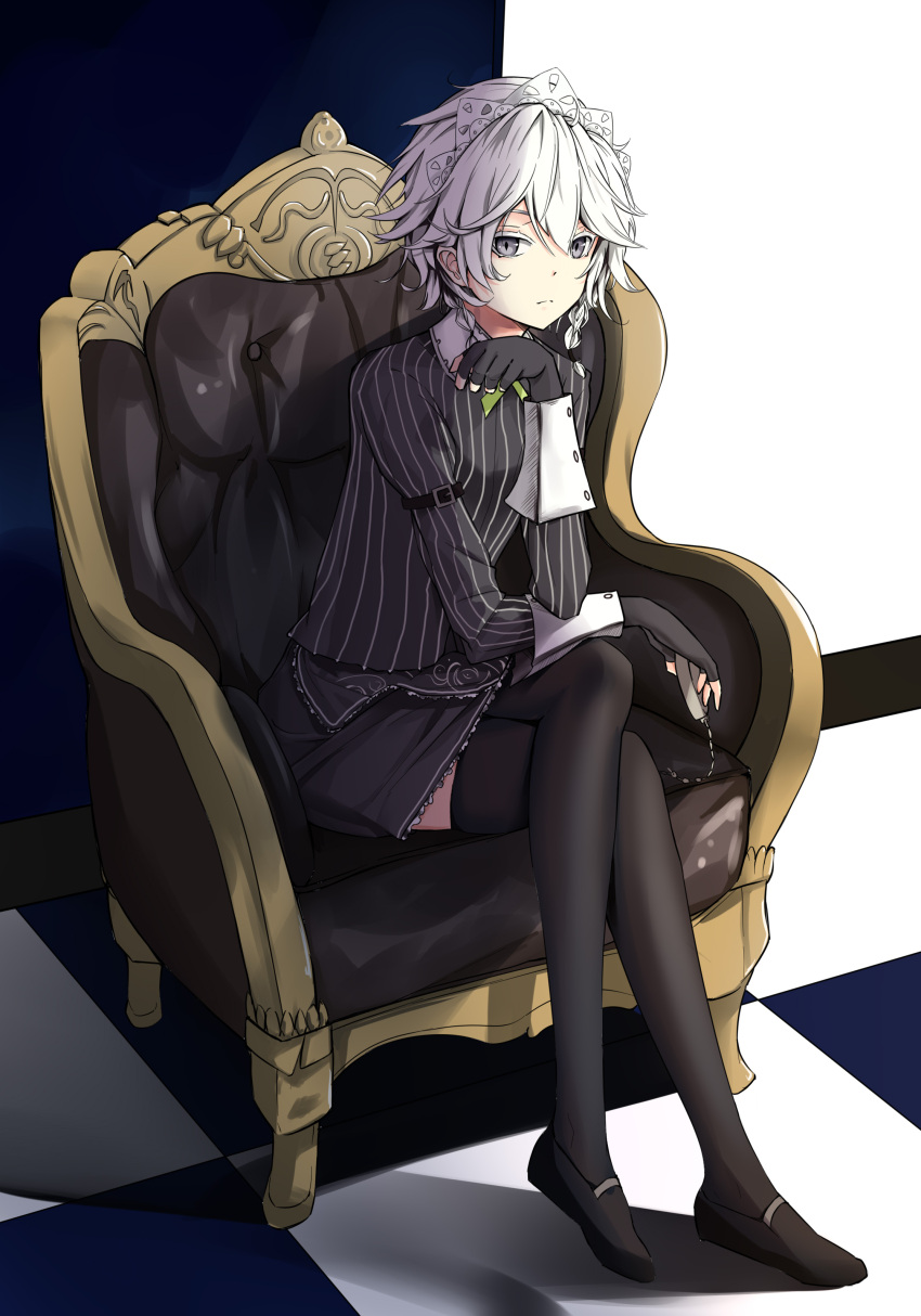1girl absurdres armchair bangs black_footwear black_gloves black_legwear black_shirt black_skirt chair checkered checkered_floor colored_eyelashes commentary_request crossed_legs fingerless_gloves gloves grey_eyes hair_between_eyes highres izayoi_sakuya juliet_sleeves kaoshuzi long_sleeves looking_at_viewer maid maid_headdress miniskirt puffy_sleeves shadow shirt shoes short_hair silver_hair sitting skirt solo striped striped_shirt thigh-highs touhou vertical-striped_shirt vertical_stripes white_background
