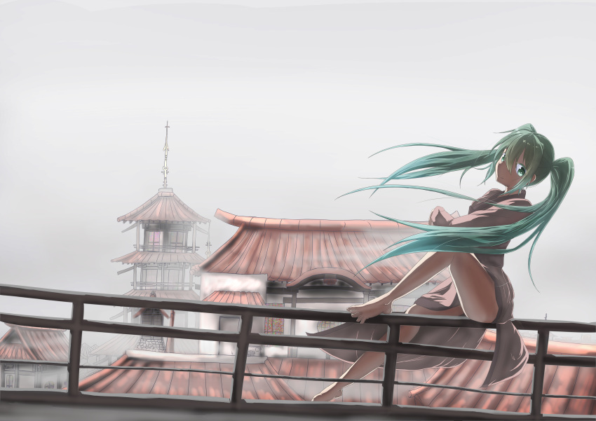 1girl absurdres aqua_eyes aqua_hair architecture barefoot east_asian_architecture fog from_side grey_sky hatsune_miku head_tilt highres knee_up long_hair looking_at_viewer no_pants outdoors railing robe rooftop scenery sitting_on_railing smile temple twintails vocaloid wide_shot yowabi_no_katou
