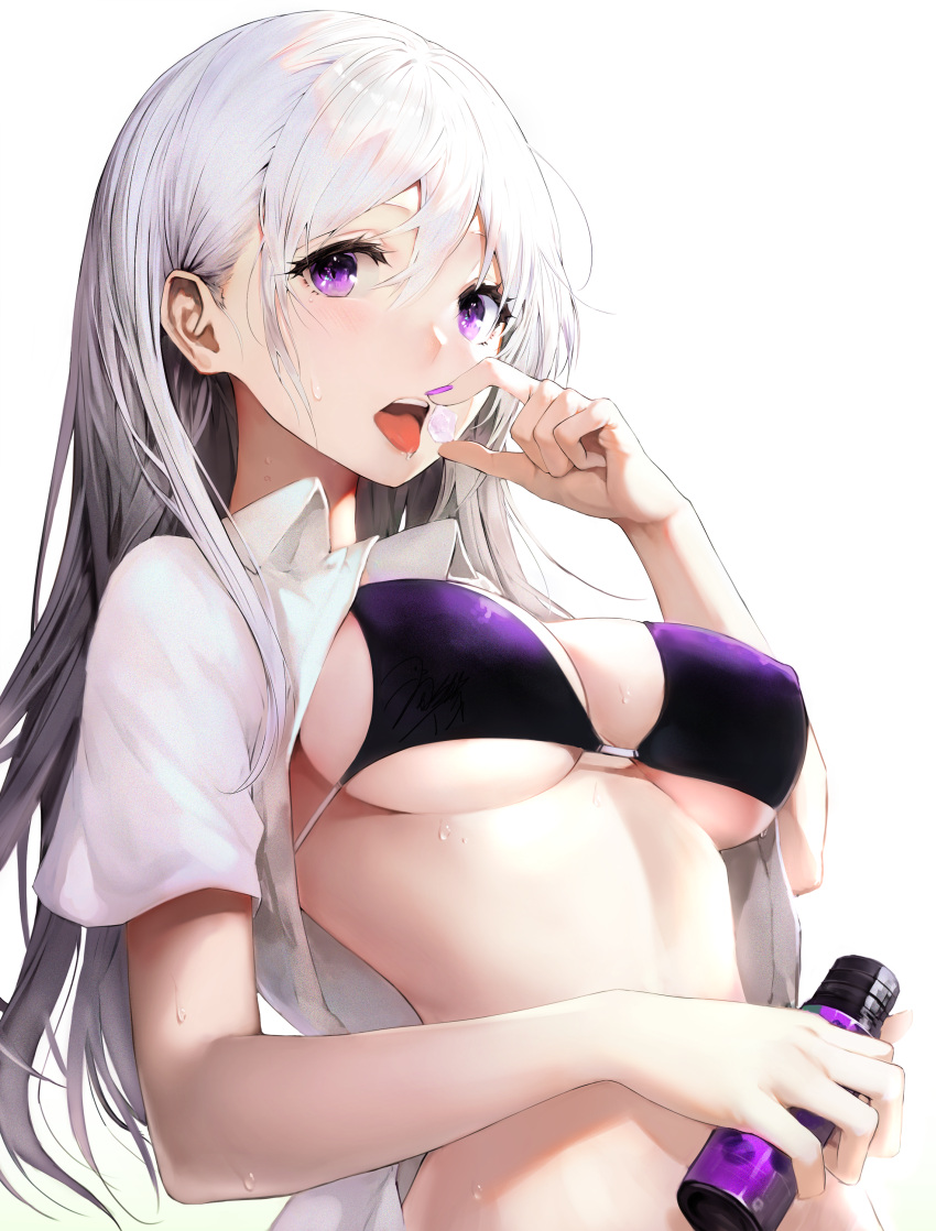1girl absurdres bottle bra breasts dress_shirt eating fanbox_reward hand_up haori_iori highres holding holding_bottle large_breasts long_hair looking_at_viewer nail_polish open_clothes open_mouth open_shirt original paid_reward purple_bra purple_nails shirt short_sleeves solo stomach tongue tongue_out underwear upper_body violet_eyes white_hair white_shirt wing_collar