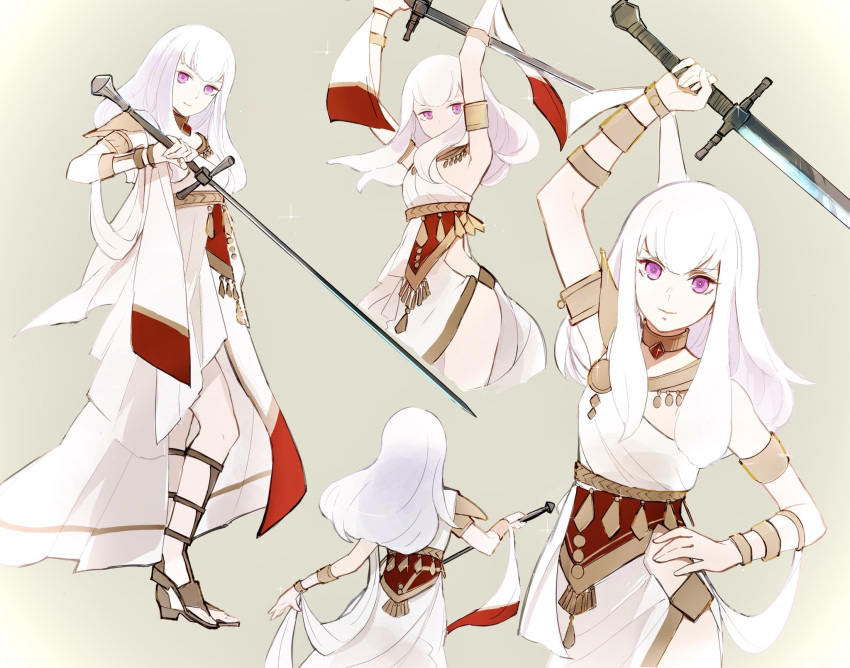 1girl arm_up armlet arms_up bracelet choker closed_mouth dancer dress fire_emblem fire_emblem:_three_houses from_behind highres holding holding_sword holding_weapon jewelry long_hair lysithea_von_ordelia mamegohan multiple_views pink_eyes simple_background smile sword weapon white_hair