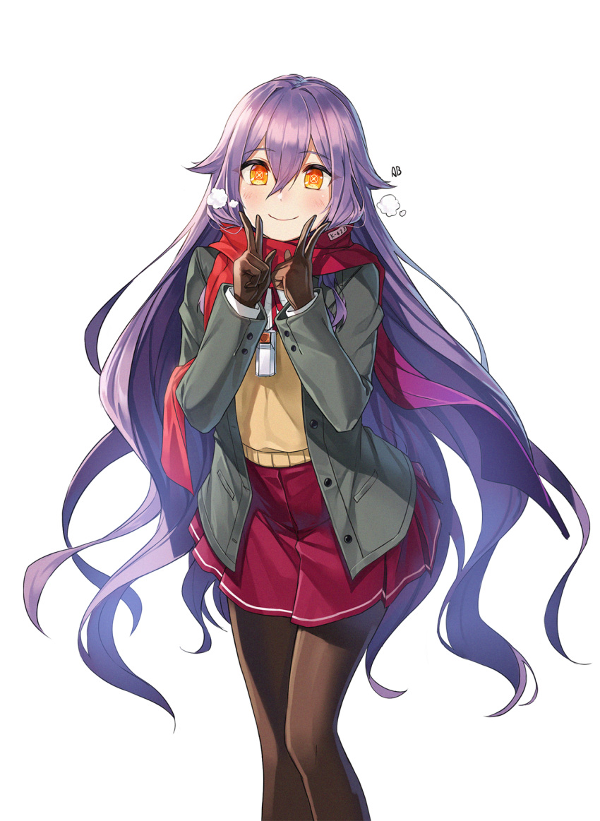 1girl aliceblue bangs beige_vest blush breasts breathing closed_mouth double_v eyebrows_visible_through_hair grey_jacket hair_between_eyes hair_flaps hair_ornament highres honkai_(series) honkai_impact_3rd jacket long_hair looking_at_viewer pantyhose purple_hair red_skirt revision shirt sidelocks simple_background sirin skirt small_breasts smile symbol-shaped_pupils uniform v very_long_hair white_background white_shirt