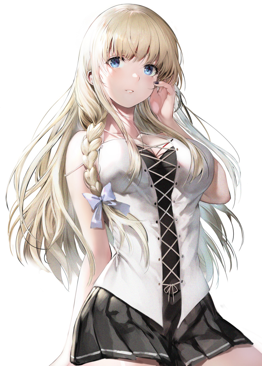 1girl absurdres bare_arms bare_shoulders black_nails black_skirt blonde_hair blue_bow blue_eyes bow braid breasts collarbone cowboy_shot fanbox_reward hair_bow hand_up haori_iori highres huge_filesize large_breasts long_hair looking_at_viewer miniskirt nail_polish original paid_reward parted_lips pleated_skirt shirt sidelocks simple_background skirt sleeveless sleeveless_shirt solo white_background white_shirt