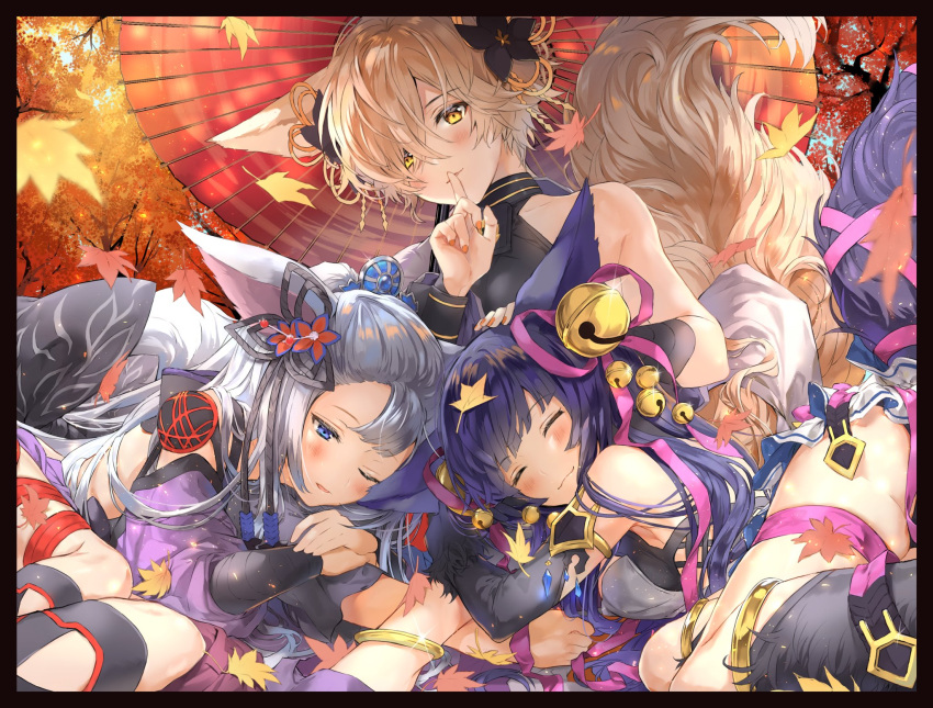 1boy 2girls animal_ears backless_outfit bangs blue_eyes breasts erune finger_to_mouth fox_boy fox_ears fox_tail granblue_fantasy hair_ornament hair_over_one_eye highres kou_(granblue_fantasy) large_tail long_hair lying_on_lap multiple_girls ooluoul red_eyes sideless_outfit silver_hair smile socie_(granblue_fantasy) tail very_long_hair yuel_(granblue_fantasy)