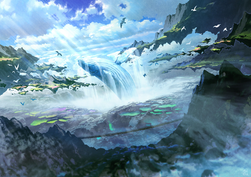 animal bird blue_sky clouds cloudy_sky commentary_request day dutch_angle fantasy floating_island flying hanging_bridge mocha_(cotton) mountain no_humans original outdoors scenery sky water waterfall