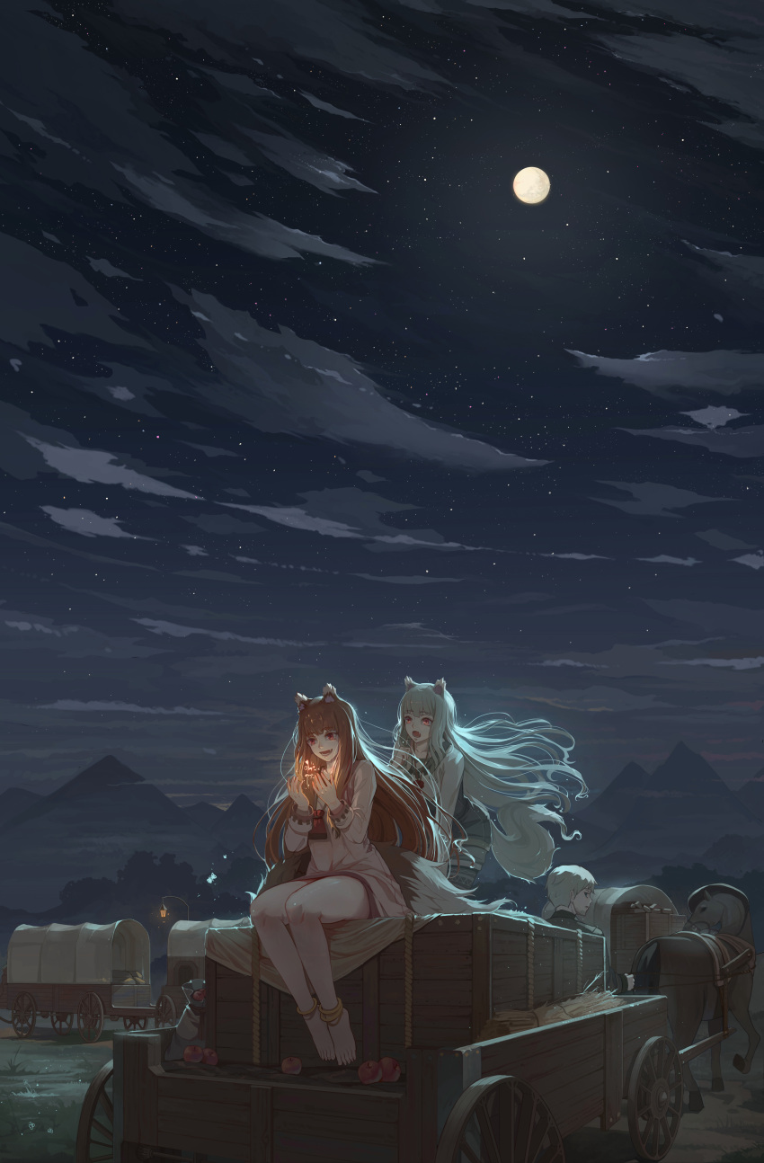 1boy 2girls absurdres animal_ears anklet apple artist_request barefoot box brown_hair cart clouds cloudy_sky commentary_request craft_lawrence dress eyebrows_visible_through_hair fang food fruit full_moon harness highres holo horse jacket jewelry long_hair moon mother_and_daughter multiple_girls myuri_(spice_and_wolf) night night_sky open_mouth pouch red_eyes silver_hair sitting sitting_on_box sky smile sparks spice_and_wolf tail very_long_hair wagon wheat wolf_ears wolf_girl wolf_tail