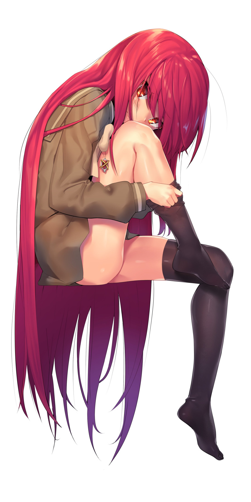 1girl absurdres bangs black_legwear blush brown_cardigan brown_sailor_collar charm_(object) commentary_request eyebrows_visible_through_hair from_side full_body highres invisible_chair knee_up long_hair long_sleeves looking_at_viewer looking_to_the_side ohlia red_eyes redhead sailor_collar shakugan_no_shana shana simple_background sitting solo thigh-highs thighs undressing very_long_hair white_background