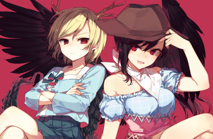 2girls :d bandana bangs bare_shoulders black_hair black_wings blonde_hair blue_shirt blue_skirt breasts brown_headwear commentary_request cowboy_hat crossed_arms crossed_legs dragon_horns eyebrows_visible_through_hair feathered_wings hair_between_eyes hat horns kicchou_yachie kurokoma_saki long_hair long_sleeves looking_at_viewer medium_breasts miniskirt multiple_girls off-shoulder_shirt off_shoulder open_mouth pleated_skirt puffy_short_sleeves puffy_sleeves red_background red_eyes shinoba shirt short_hair short_sleeves simple_background sitting skirt smile swept_bangs touhou upper_body wings