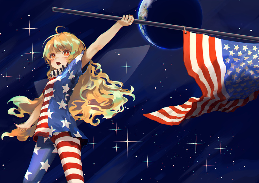 1girl ahoge american_flag_dress american_flag_legwear arm_at_side arm_up bangs berabou blonde_hair blue_dress blue_legwear clownpiece commentary_request cowboy_shot dress earth eyebrows_visible_through_hair fairy_wings flag holding holding_flag long_hair looking_afar neck_ruff no_hat no_headwear open_mouth pantyhose red_dress red_eyes red_legwear shiny shiny_hair short_dress short_sleeves solo space sparkle standing star star_(sky) star_print striped striped_dress striped_legwear thighs touhou very_long_hair wavy_mouth white_dress white_legwear wings