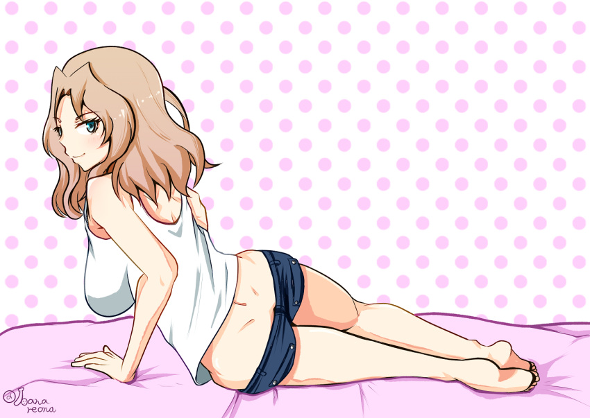 1girl artist_name ass banareona barefoot bed blonde_hair blue_eyes blush breasts butt_crack closed_mouth eyebrows_visible_through_hair full_body girls_und_panzer kay_(girls_und_panzer) large_breasts looking_at_viewer looking_back lying medium_hair on_bed on_side polka_dot polka_dot_background shiny shiny_hair short_shorts shorts shoulder_blades simple_background smile solo tank_top white_tank_top