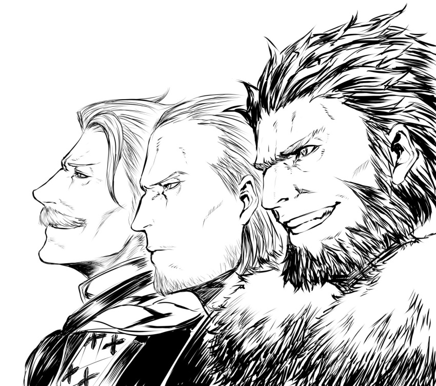 3boys beard character_request facial_hair fate/grand_order fate_(series) formal grey_hair greyscale highres james_moriarty_(fate/grand_order) looking_to_the_side male_focus monochrome mugetsu2501 multiple_boys mustache rider_(fate/zero) short_hair smile smirk teeth upper_body