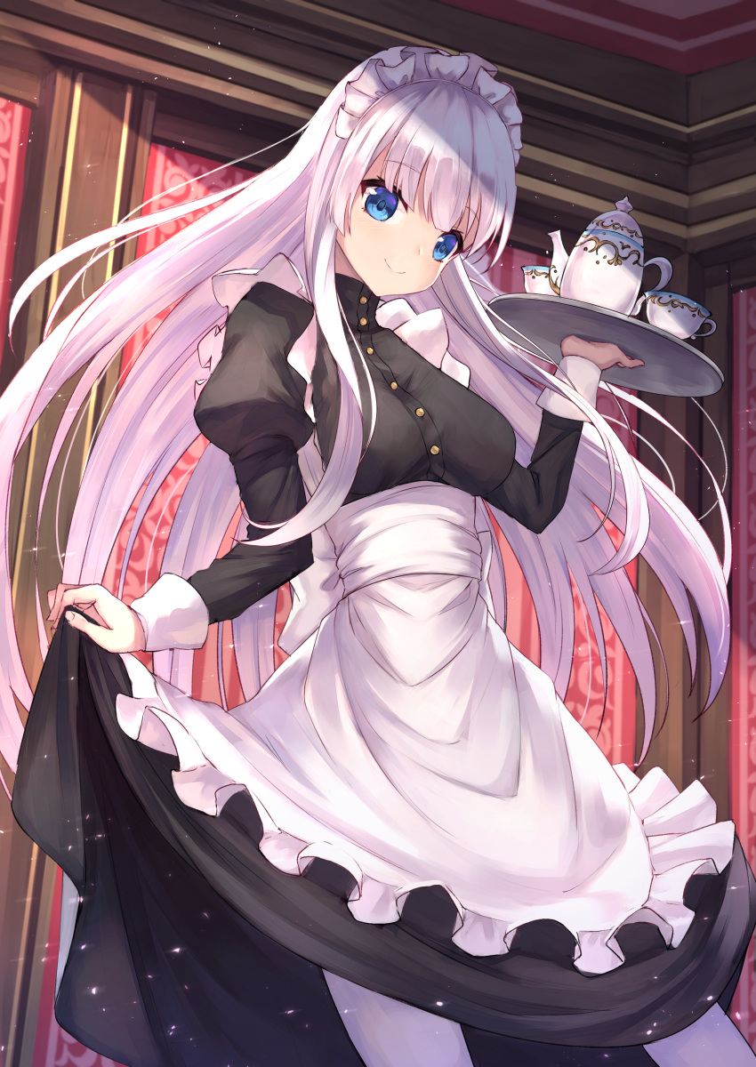 1girl absurdres apron bangs black_dress blue_eyes breasts closed_mouth commentary_request cup dress eyebrows_visible_through_hair frilled_apron frills hand_up highres holding holding_tray indoors juliet_sleeves long_hair long_sleeves maid maid_headdress masaki_(msk064) medium_breasts original pantyhose puffy_sleeves silver_hair skirt_hold smile solo teacup teapot tray very_long_hair white_apron white_legwear
