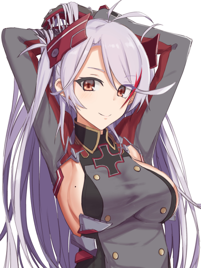 1girl antenna_hair armpits arms_up azur_lane black_gloves breasts closed_mouth double-breasted elfenlied22 eyebrows_visible_through_hair gloves hands_in_hair headgear highres iron_cross large_breasts long_sleeves looking_at_viewer military military_uniform mole mole_on_breast multicolored_hair prinz_eugen_(azur_lane) red_eyes redhead sideboob silver_hair simple_background smile solo streaked_hair two_side_up uniform upper_body white_background