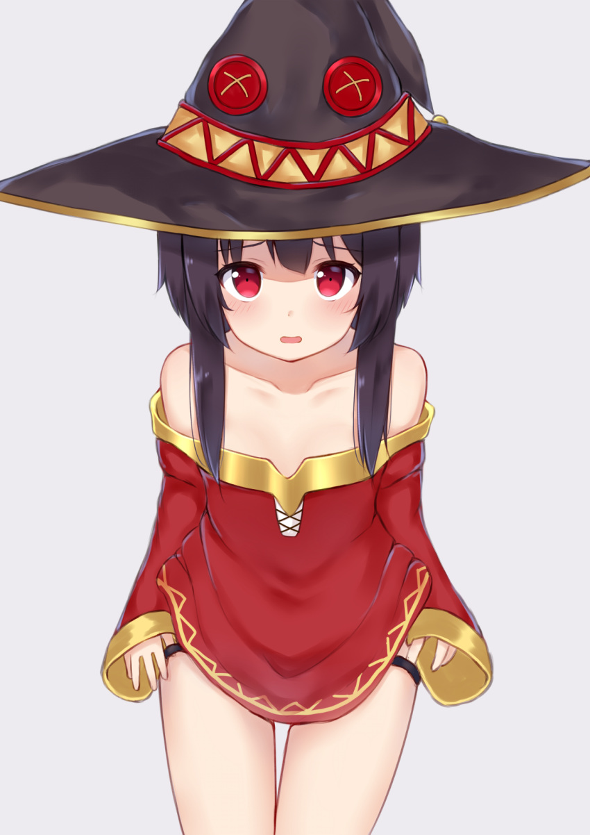 1girl bare_shoulders black_hair black_headwear black_panties blush button_eyes collarbone commentary_request dress flat_chest grey_background hat highres kake_kan kono_subarashii_sekai_ni_shukufuku_wo! long_sleeves looking_at_viewer megumin open_mouth panties red_dress red_eyes short_hair_with_long_locks simple_background solo thighs underwear witch_hat