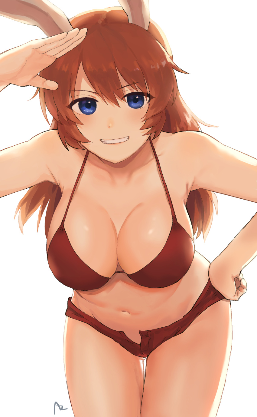 1girl absurdres animal_ears azu_(yamahasu1245) bent_over bikini bikini_shorts blue_eyes blush breasts brown_hair charlotte_e_yeager collarbone eyebrows_visible_through_hair hand_on_hip highres large_breasts long_hair looking_at_viewer navel open_clothes open_shorts parted_lips rabbit_ears red_bikini red_shorts shiny shiny_hair shiny_skin shorts simple_background smile solo strike_witches swimsuit swimwear teeth white_background world_witches_series