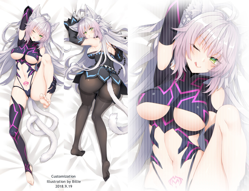 1girl ;p agrius_metamorphosis ahoge animal_ear_fluff animal_ears arm_behind_head artist_name ass atalanta_(alter)_(fate) atalanta_(fate) bangs black_legwear blush braid breasts cat_ears collar dakimakura dated elbow_gloves eyebrows_visible_through_hair fate/grand_order fate_(series) foot_up from_above gloves green_eyes hair_between_eyes highres large_breasts long_hair looking_at_viewer looking_back menggongfang multicolored_hair navel one_eye_closed open_mouth pantyhose silver_hair single_thighhigh stomach_tattoo tail tattoo thigh-highs thighband_pantyhose toeless_legwear toes tongue tongue_out very_long_hair