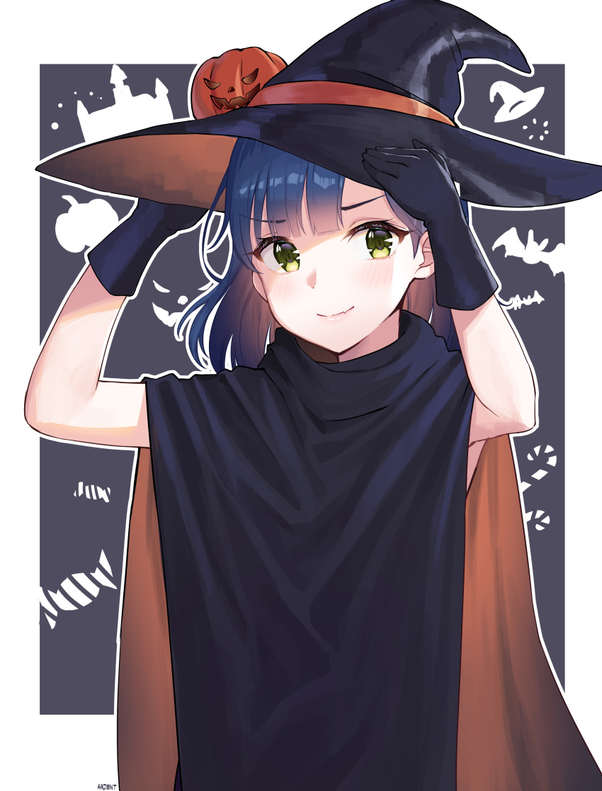 1girl absurdres arjent arms_up artist_name bangs black_cloak black_gloves blue_hair blush cloak eyebrows_visible_through_hair eyes_visible_through_hair fang gloves green_eyes hair_between_eyes halloween halloween_costume hat highres idolmaster idolmaster_million_live! jack-o'-lantern looking_at_viewer medium_hair nanao_yuriko outside_border patterned_background robe skin_fang sleeveless smile solo standing upper_body witch witch_hat