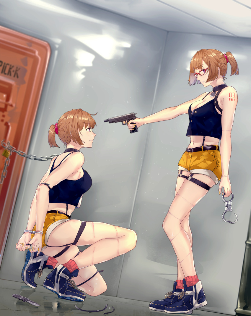 2girls absurdres arms_behind_back at_gunpoint bangs bare_legs blue_footwear bound breasts chain chained collar commentary_request cuffs dagger door eyebrows_visible_through_hair full_body girls_frontline glasses grizzly_mkv grizzly_mkv_(girls_frontline) gun hair_ornament hair_scrunchie handcuffs highres holding holding_gun holding_weapon indoors injury lock medium_breasts multiple_girls nail_polish navel one_knee padlock parted_bangs peril red-framed_eyewear reflection scrunchie short_hair short_ponytail short_shorts shorts skindentation standing tank_top thigh_strap tied_up v-shaped_eyebrows violet_eyes weapon yellow_nails yellow_shorts