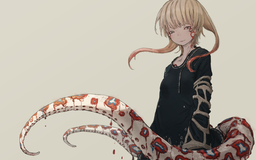 1girl bangs black_dress blonde_hair blood bloody_hair breasts commentary_request cowboy_shot dress facial_mark highres looking_at_viewer monster_girl original redhead short_hair_with_long_locks simple_background small_breasts solo tentacles vocaloid watae_suien yushika