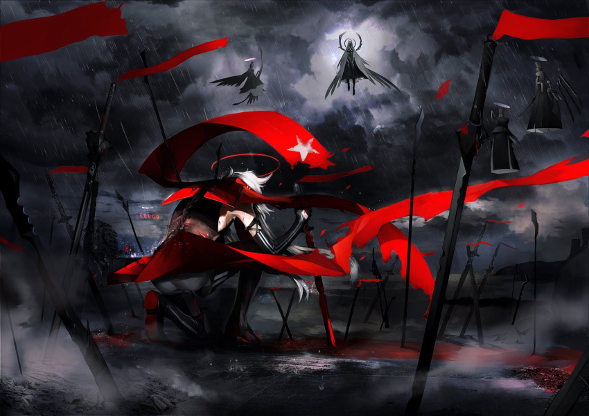 1girl 3others ass blood bloody_weapon bow_(weapon) building city clouds cloudy_sky error floating_hair halo highres holding holding_bow_(weapon) holding_sword holding_weapon long_hair multiple_others original outdoors rain red_scarf scarf sky sword torn_clothes weapon white_hair wings xxlucifer13xx