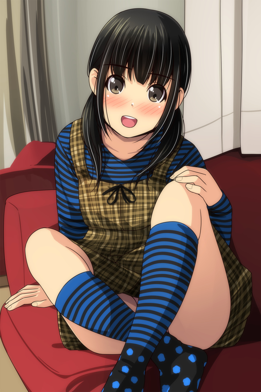 1girl :d absurdres arm_support bangs black_hair blush brown_dress brown_eyes crossed_ankles dress eyebrows_visible_through_hair highres kneehighs long_hair long_sleeves low_twintails matsunaga_kouyou no_shoes open_mouth original plaid plaid_dress polka_dot polka_dot_legwear round_teeth shirt sitting sleeveless sleeveless_dress smile solo striped striped_legwear striped_shirt teeth twintails upper_teeth