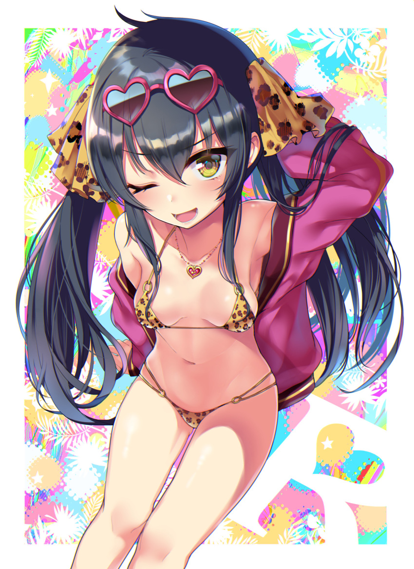&gt;:) :d animal_print arm_at_side arm_support arm_up armpits bangs bare_legs bare_shoulders bikini black_hair breasts breasts_apart collarbone colorful dot_nose hair_between_eyes hand_behind_head heart heart_necklace highres idolmaster idolmaster_cinderella_girls jacket jewelry kamita leopard_print long_hair looking_at_viewer matoba_risa micro_bikini midriff multicolored multicolored_background navel necklace o-ring o-ring_bikini o-ring_bottom off_shoulder one_eye_closed open_mouth pink_jacket sidelocks sitting small_breasts smile sparkle star swimsuit teeth tsurime twintails very_long_hair yellow_eyes