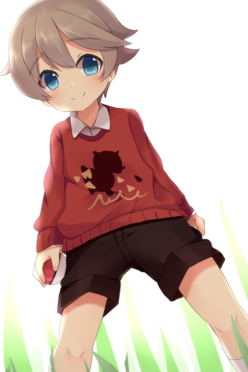 1boy blonde_hair blue_eyes blush eyebrows_visible_through_hair hair_between_eyes highres looking_at_viewer male_focus meranoreuka_(naokentak) poke_ball poke_ball_(generic) pokemon shade shorts smile solo sweater youngster_(pokemon)