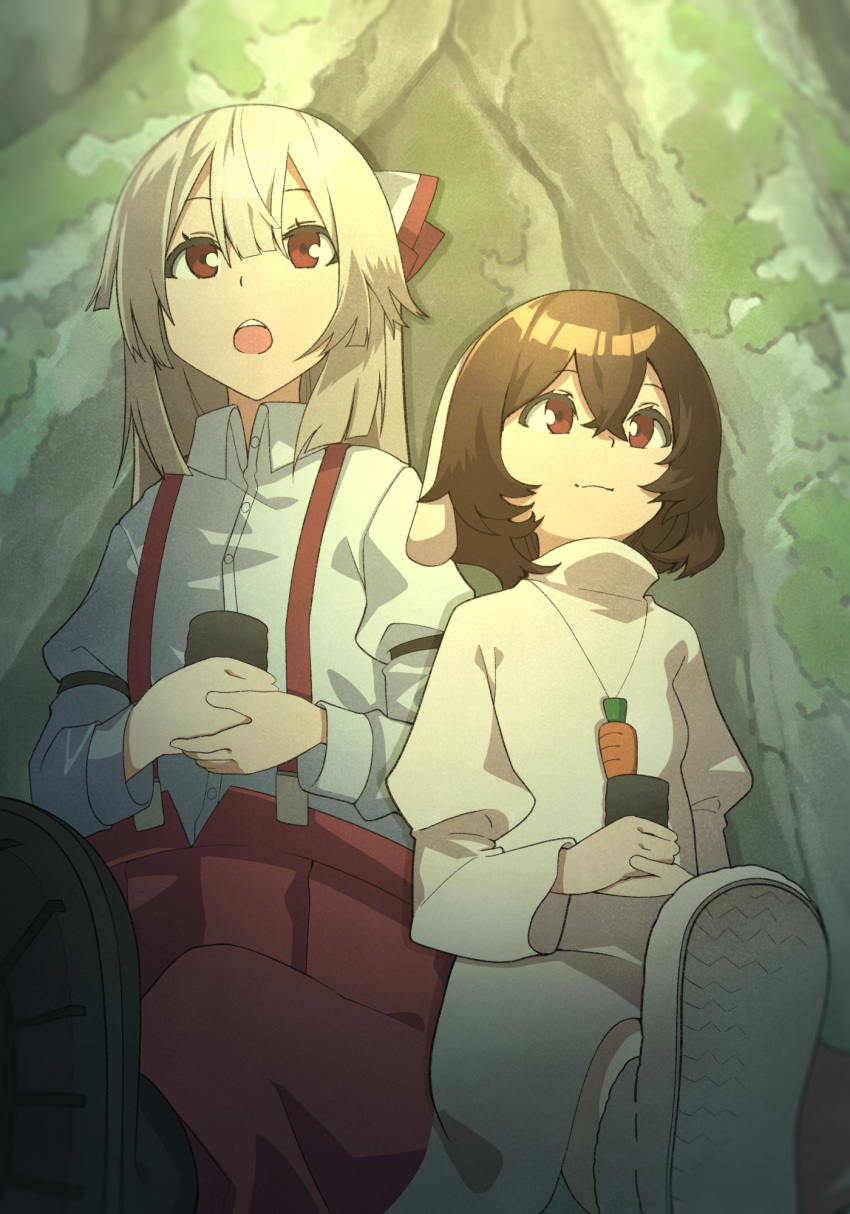 2girls animal_ears armband black_hair boots bow carrot_necklace cup dress dress_shirt floppy_ears fujiwara_no_mokou hair_between_eyes hair_bow hands_together highres inaba_tewi long_sleeves multiple_girls nurupo_(abooon) open_mouth pants rabbit_ears red_eyes red_pants shirt shoes silver_hair suspenders touhou white_shirt yunomi