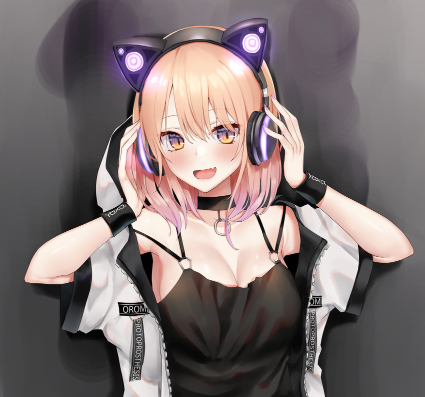 1girl animal_ears bangs black_camisole black_choker blonde_hair breasts camisole cat_ear_headphones cat_ears choker commentary_request eyebrows_visible_through_hair fake_animal_ears fingernails gradient_hair hair_between_eyes hands_on_headphones hands_up headphones highres hood hood_up hooded_jacket jacket medium_breasts multicolored_hair nail_polish open_clothes open_jacket original piripun purple_hair purple_nails solo upper_body violet_eyes white_jacket wristband
